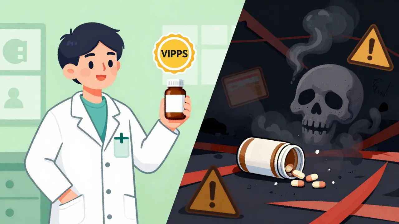 Split illustration comparing safe verified pharmacy vs dangerous scam site